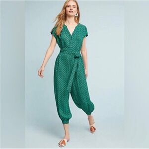 Maeve Anthropologie Green Geometric Floral Jumpsuit Small Tie Waist Pockets, S